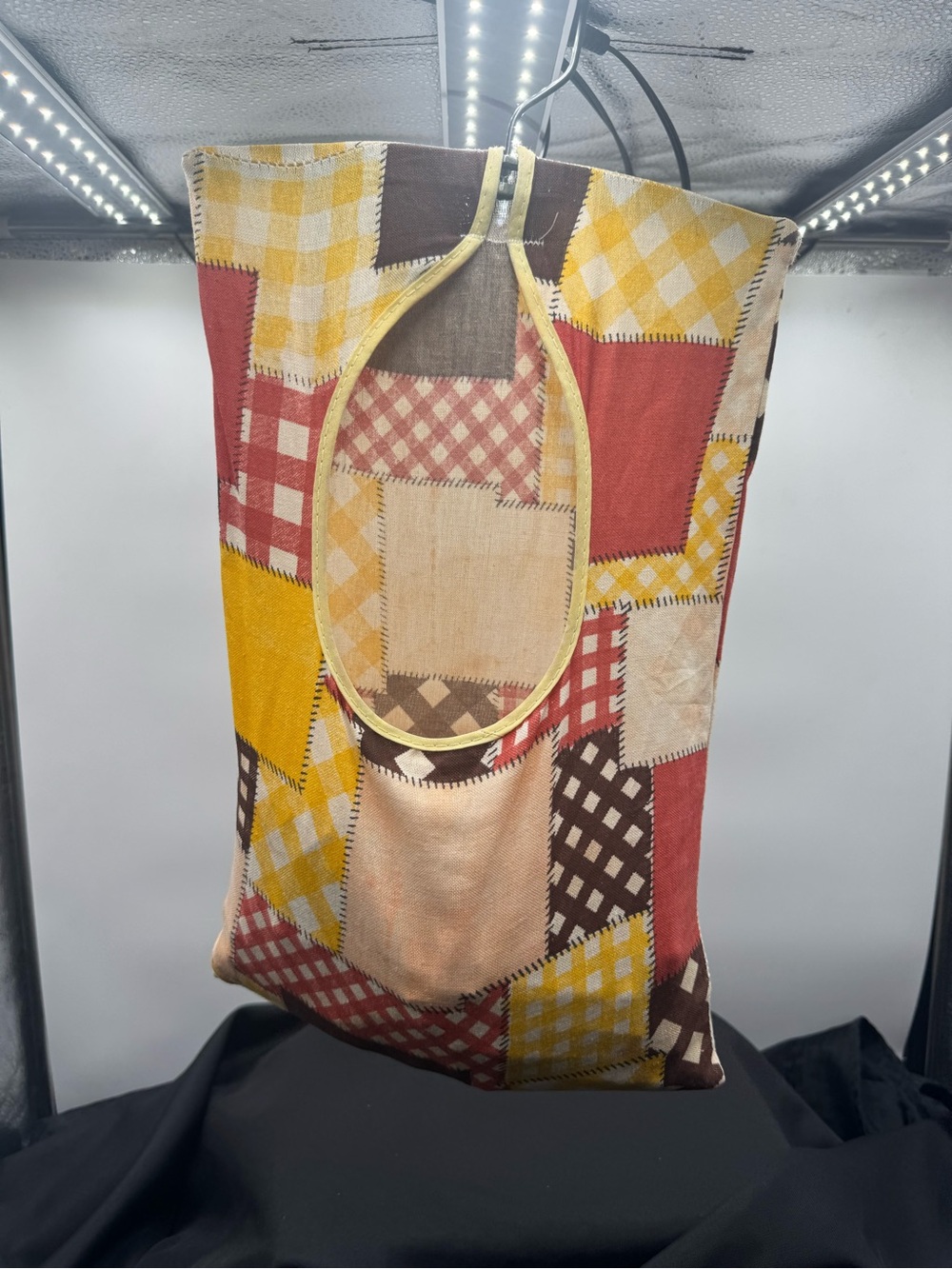 Patchwork hanging bag in Yellow, Red, Brown with vintage clothespins